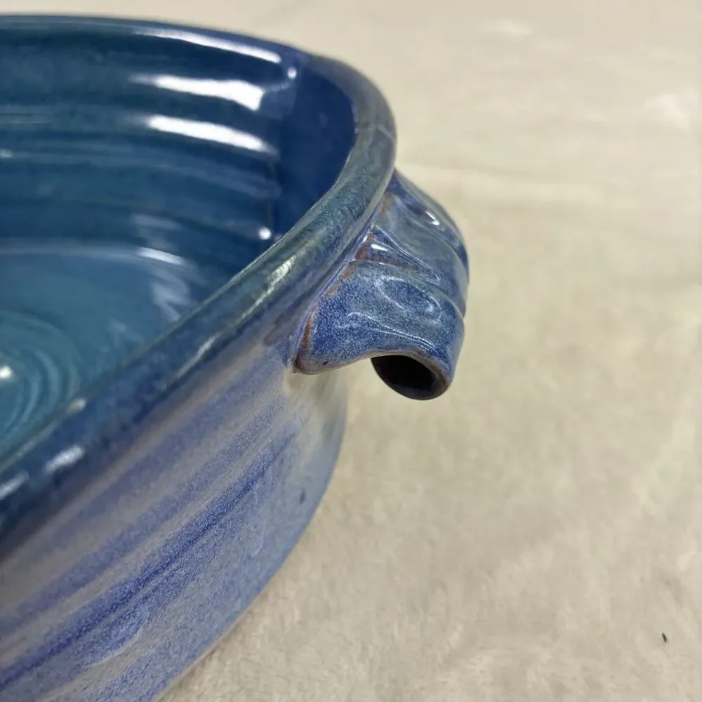 VTG Signed Studio Art Pottery Two Handled Decorative Bowl Blue Glaze 9